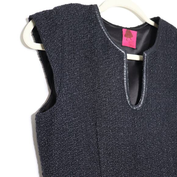 JULIETTE LONGUET Cap Sleeve Tweed Sheath Dress Leather Trim Black Women's 4 - Picture 3 of 11